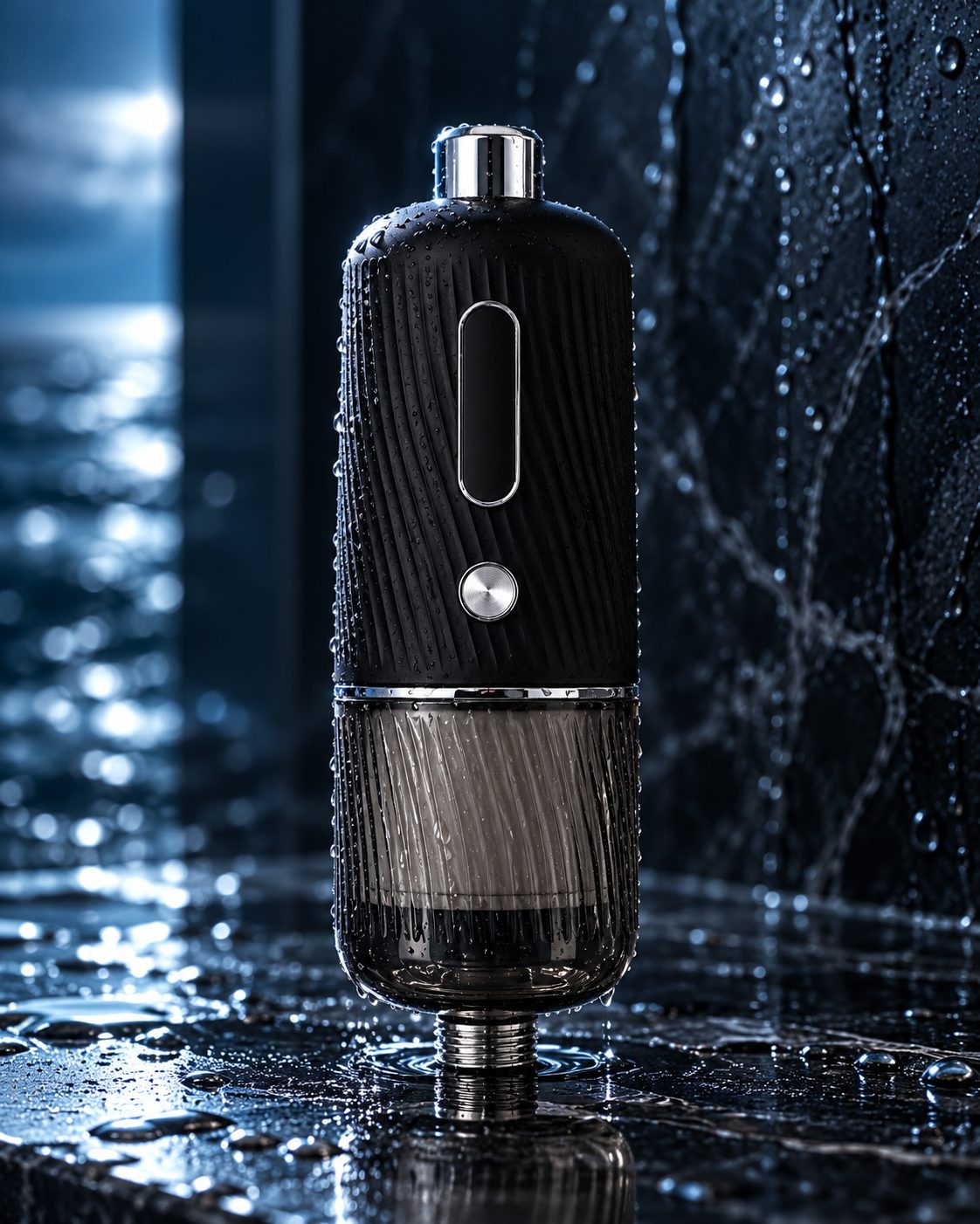 Black chrome inline shower filter, conceptual product image